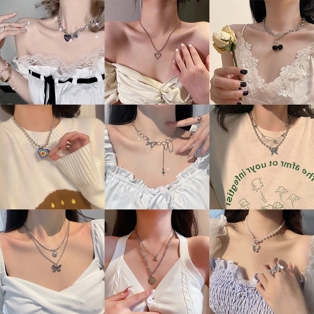 Vòng cổ AY mặt trái tim/ bướm/ quả anh đào đính ngọc trai thời trang