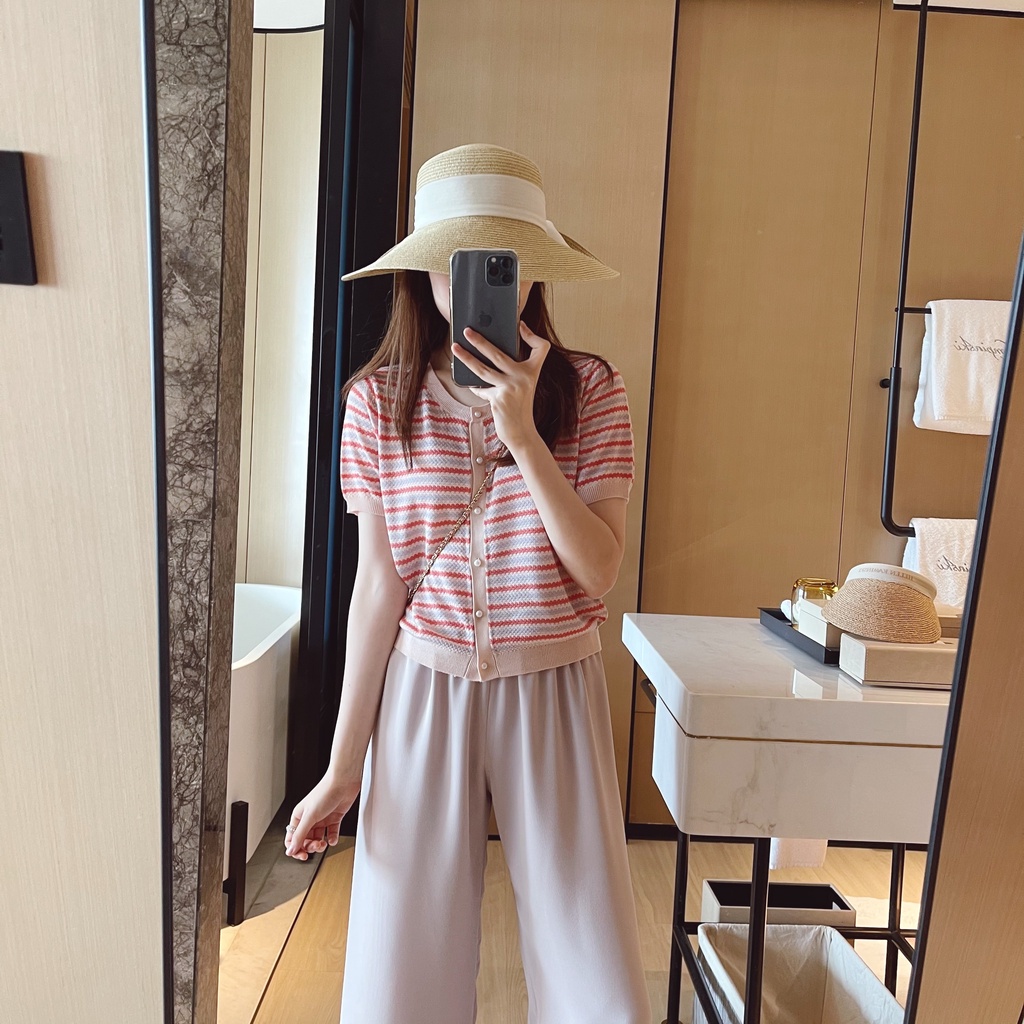 Áo cardigan ZHELIHANGFEI dệt kim tay ngắn kẻ sọc mềm mại siêu nhẹ tùy chọn màu sắc