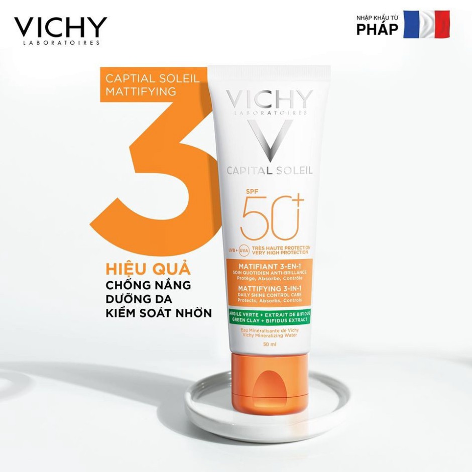 [CHÍNH HÃNG] Kem chống nắng chống bụi mịn, kiểm soát dầu Vichy SPF50+ Capital Soleil Mattifying 3In1 UVB+UVA  50ml