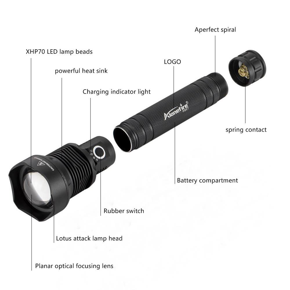 Đèn pin led Alonefire H007 8000Lm Xhp70 sạc cổng USB chống nước tiện lợi mang theo cho du lịch/ dã ngoại