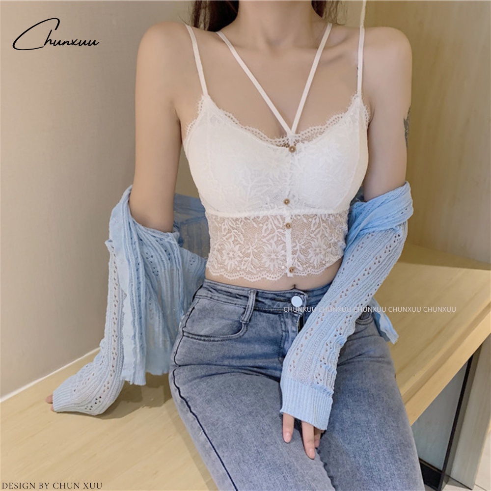 Áo bra ren 2 dây vải ren mềm phối cúc đệm ngực dày vừa sexy gợi cảm ChunXuu - BR20