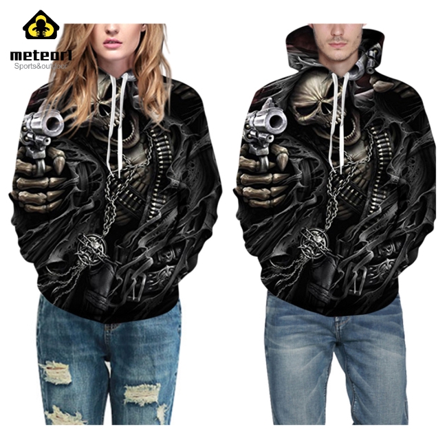 Áo hoodie tay dài có mũ trùm in hình bộ xương 3D kiểu dáng cá tính thời trang cho nam nữ
