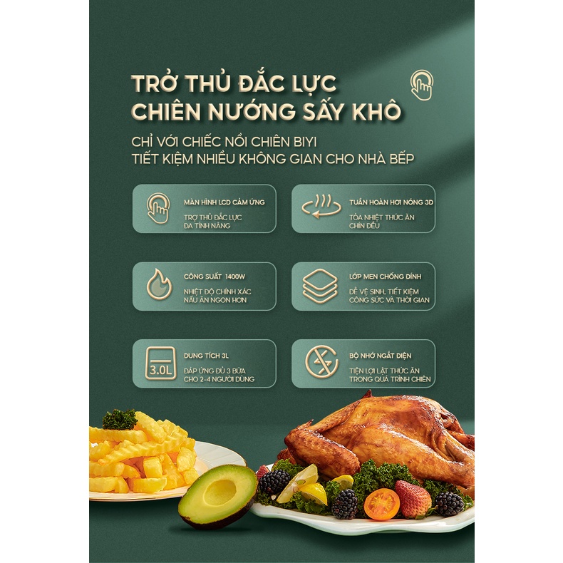Nồi Chiên Không Dầu BIYI AF-82A 3L 1400W - Lòng nồi hợp kim nhôm phủ chống dính - Tay cầm cách nhiệt - BH 12 Tháng