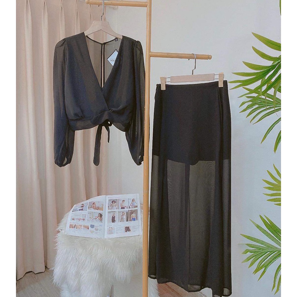 [HCM] Sét Áo Tay Dài Phối Váy Xẻ Tà (Có Lót Trong) Thời Trang Nữ Sam Closet Free Size 40-55kg