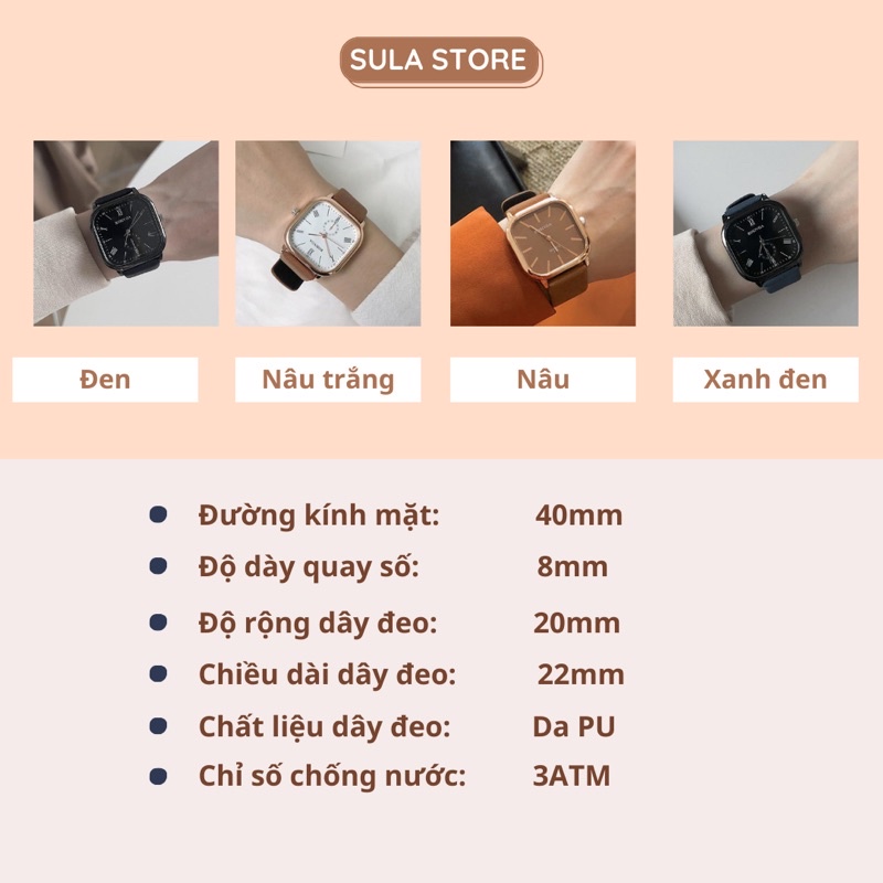 Đồng hồ nam nữ mặt vuông đẹp dây da full box thời trang Hàn Quốc - SULAUNI | BigBuy360 - bigbuy360.vn