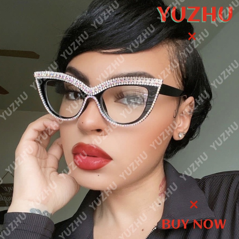 (YUZHU) Kính Mát Thời Trang Phương Tây Chống Ánh Sáng Xanh Hình Mắt Mèo Đính Kim Cương Thời Trang