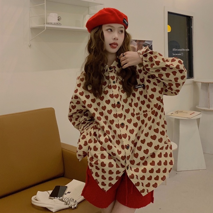 Áo sơ mi SUXI tay dài in họa tiết trái tim phong cách retro thời trang Hàn Quốc cho nữ