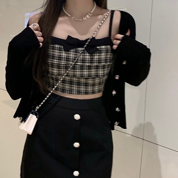 Áo hai dây ZHELIHANGFEI vải dệt kim ngắn thắt nơ họa tiết ca rô