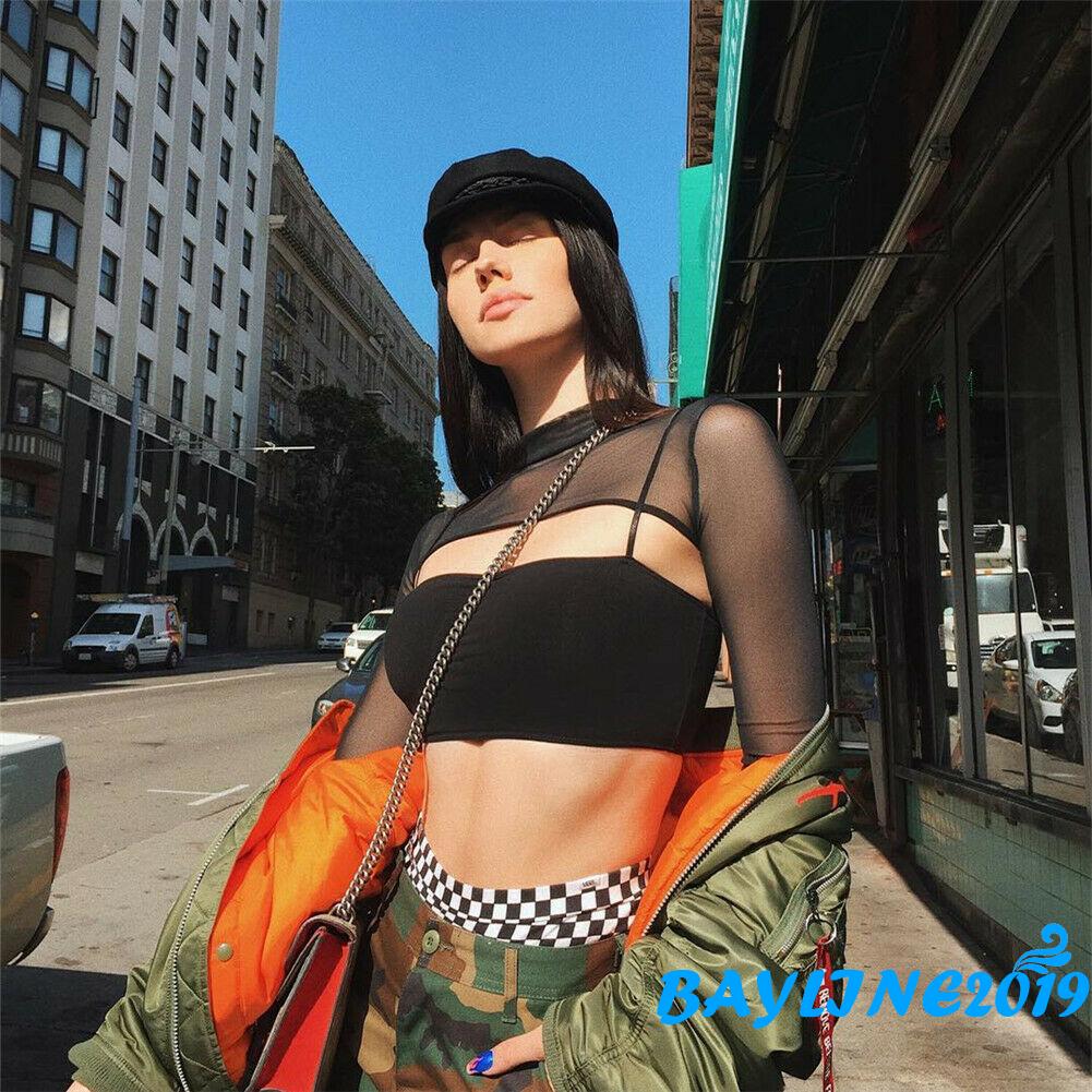 Áo Lưới Croptop Xuyên Thấu Dài Tay Quyến Rũ Dành Cho Nữ