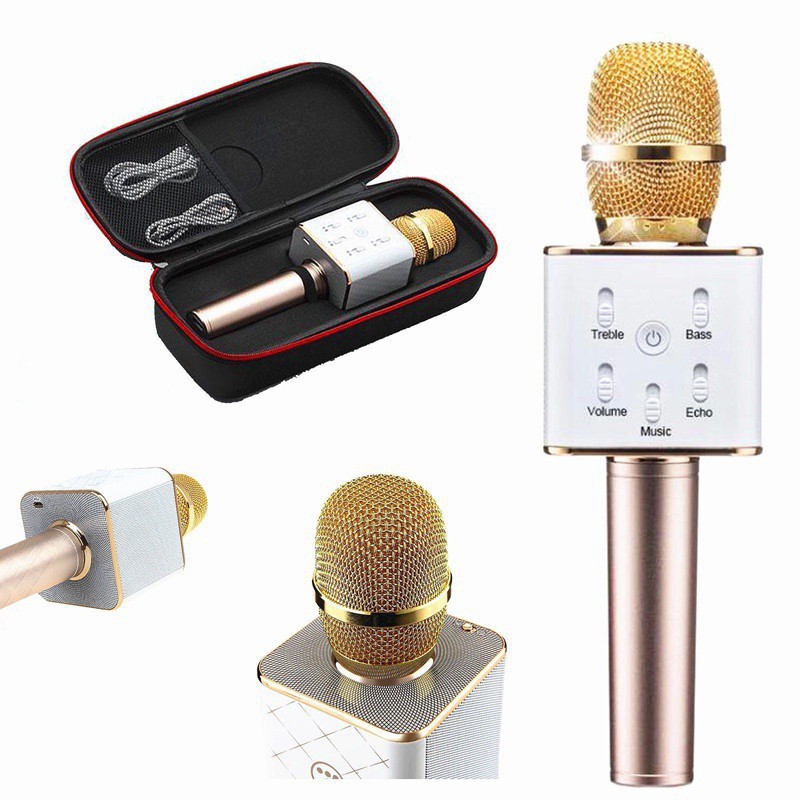 Micro hát karaoke blutooth Q7S dòng 2021, mic bluetooth kèm loa thu âm, bass vang kèm hộp chống sốc