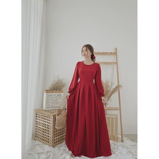 Set đầm đỏ dài+ cột tóc nơ