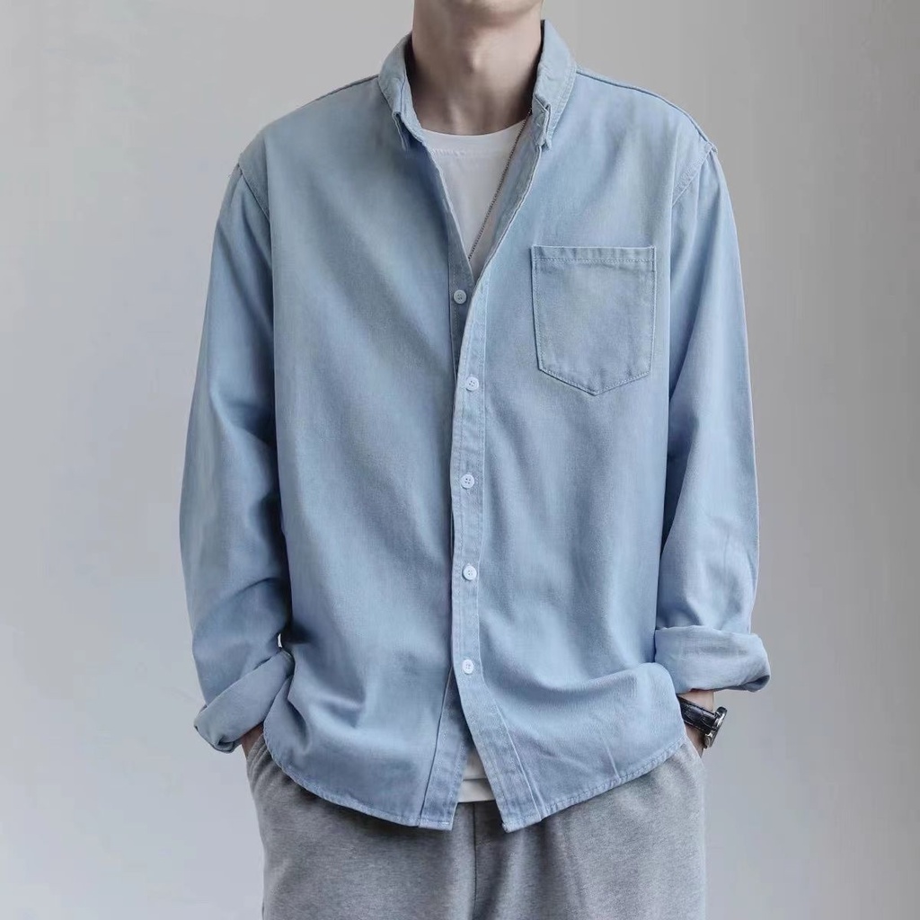 Áo Sơ Mi Denim Tay Dài Phong Cách Thời Trang Hàn Quốc Cho Nam Giới