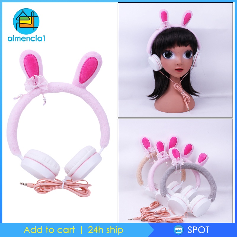 Tai Nghe Chụp Tai Có Dây Hình Tai Thỏ Nhồi Bông Dễ Thương 3.5mm Cho Điện Thoại / Máy Tính Bảng