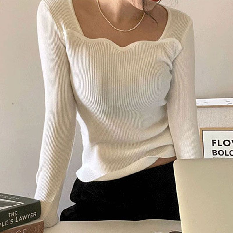 Áo Sweater Tay Dài Cổ Vuông Dáng Ôm Thời Trang Cho Nữ