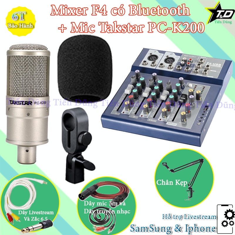 COMBO MIC THU ÂM MIXER F4 BLUETOOTH MIC TAKSTAR PC K200 DÂY LIVESTREAM CHẾ DÂY MIC 3M ZẮC 6.5 DÂY TRUYỀN NHẠC