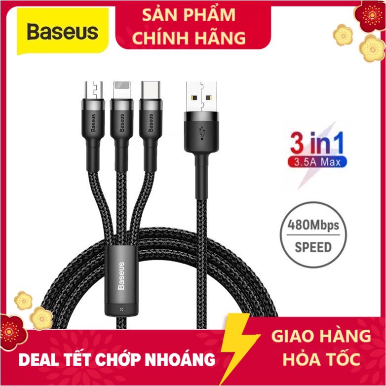 Cáp sạc 3 đầu Baseus Kevlar 3 trong 1 USB type C /micro usb / lightning - Lightning dành cho iPhone XR X Xs Max