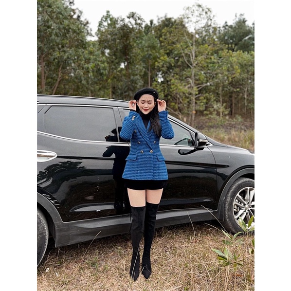 Áo Zara Áo khoác dạ tweed blazer xanh navy Zara xuất A085