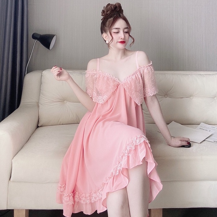 Váy Ngủ Nữ SOJUN Vải Chiffon Bẹt Vai Kèm Quần Dưới 70Kg