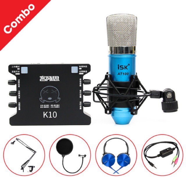 Combo Bộ Thu âm isk AT100-Sound Card xox K10 chân kẹp+màng lọc tai nghe chụp tai 450 bảo hành 12 tháng