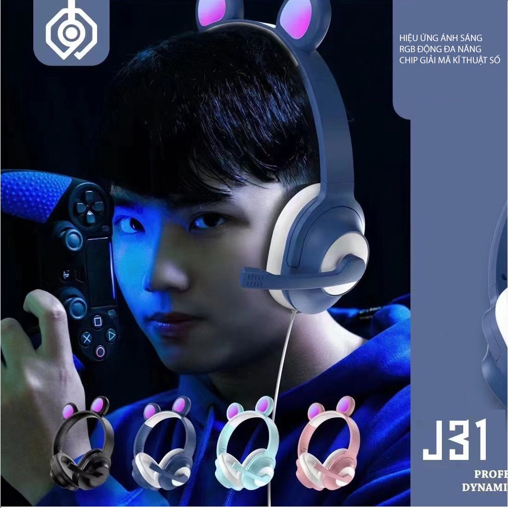 Tai Nghe Có Dây Chụp Đầu Tai Mèo Floveme J31 , Jack 3.5mm, Siêu Kute Có LED Trang Trí - Da PU Mềm Mại, Thoáng Khí
