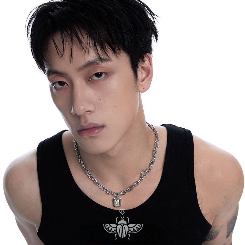 Vòng cổ Hai Lớp Bằng Thép Không Gỉ Mặt Vuông Đính Đá Thời Trang unisex