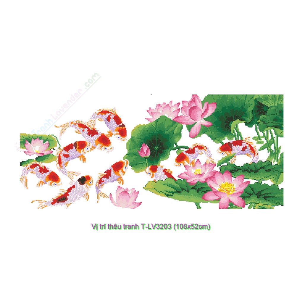 [T-LV3203]Tranh thêu chữ thập Con cá Cửu Ngư Quần Tụ (108x52cm)