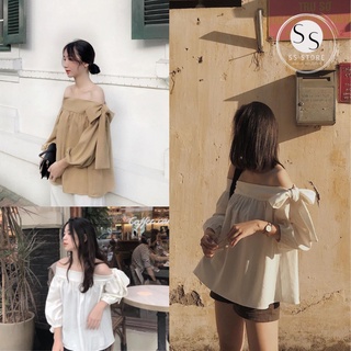 Áo Bẹt Vai Tay Dài Thắt Nơ Vai Baby (TRẮNG+NUDE)