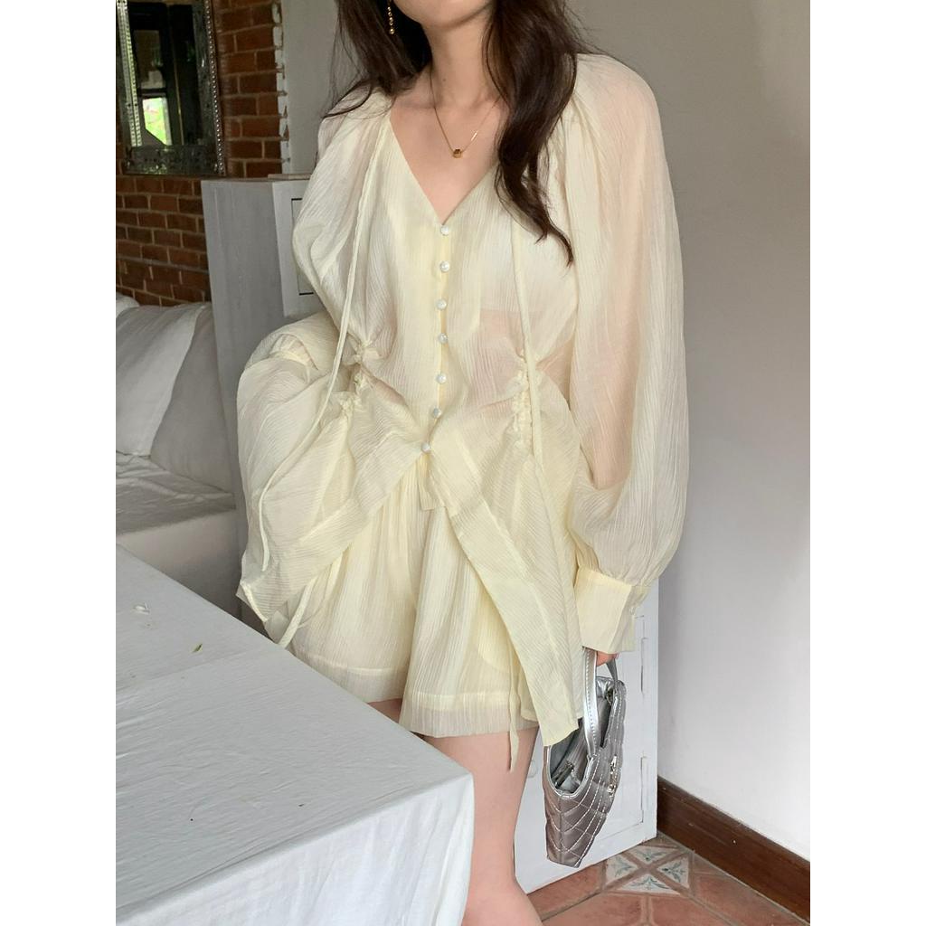 Áo Sơ Mi Tay Dài Cổ Chữ V Phối Dây Rút Thời Trang 62187