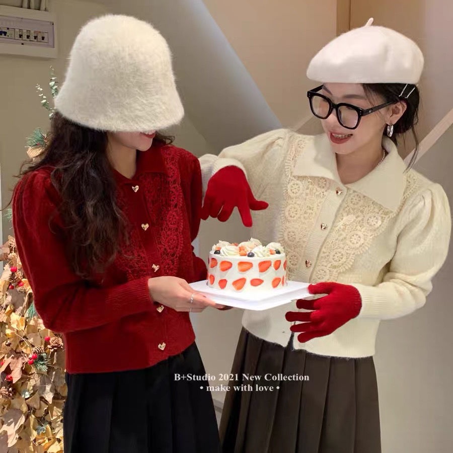 Áo Khoác cardigan Len Cài Nút Cứng Viền Ren Lỗ Rỗng Màu Đỏ Hòa Tan Trong Nước Tay Dài Thời Trang Thu Đông 2022 Cho Nữ