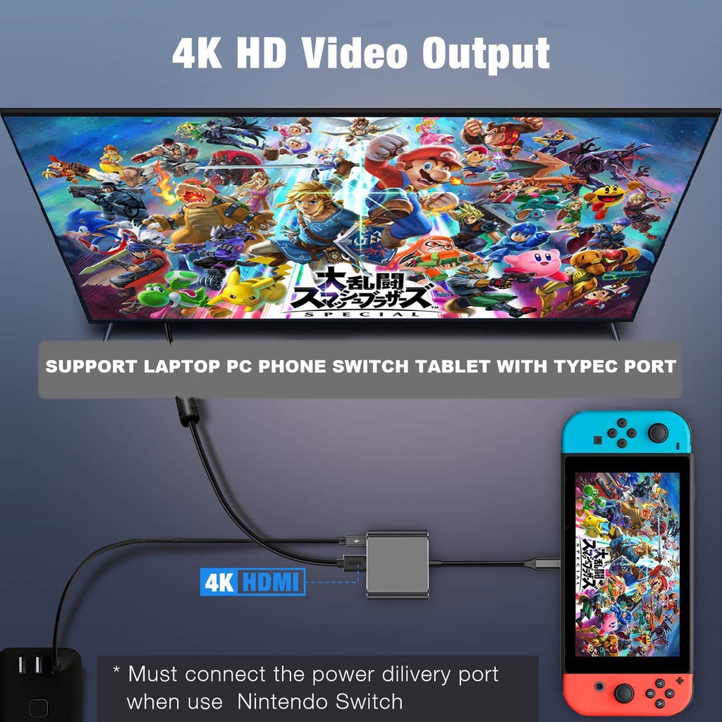 Đế Sạc Chuyển Đổi 3 Trong 1 Type-C Sang HDMI 4K USB3.0 USB C PD Cho Macbook Laptop Điện Thoại