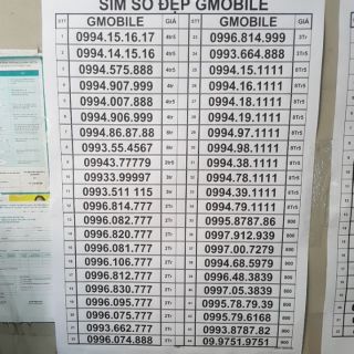 Sim Gmobile giá theo list nhé