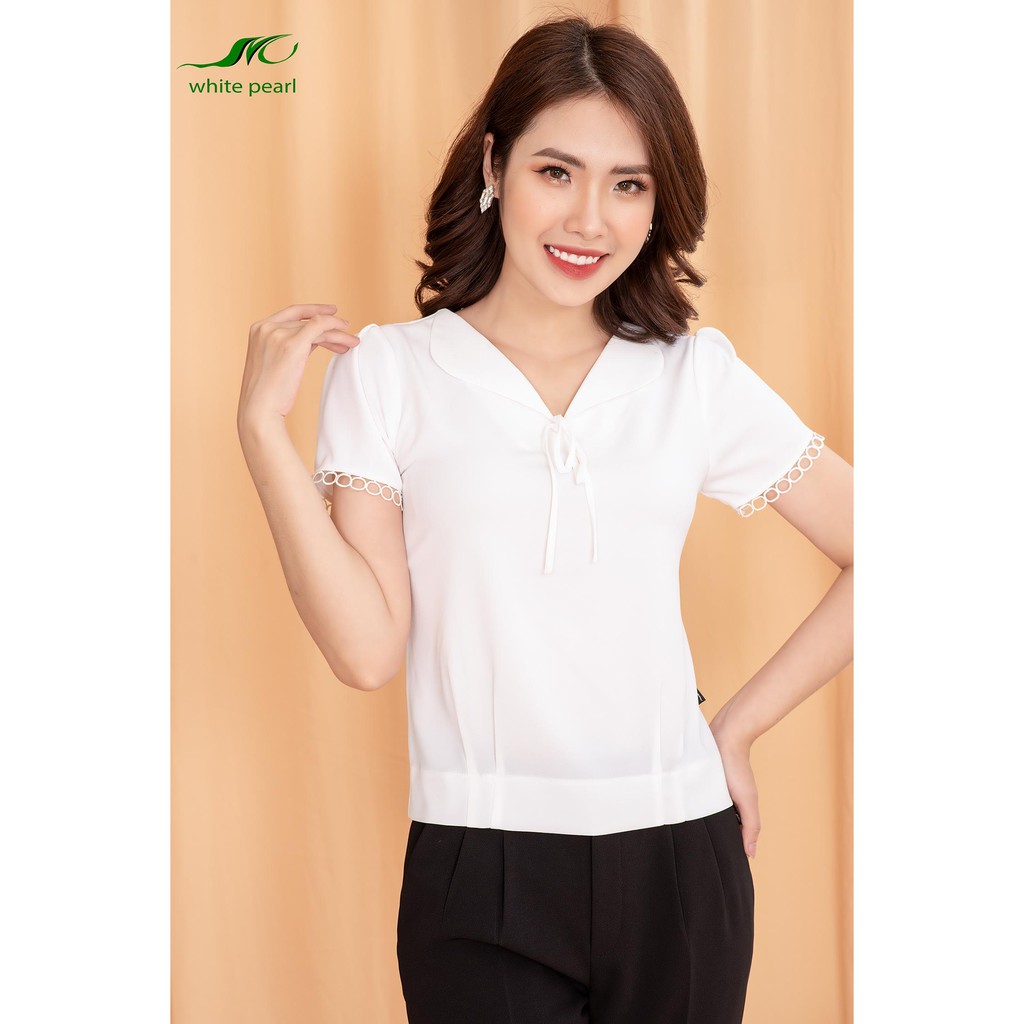 Sơ mi bo gấu nữ thời trang công sở cao cấp tay ngắn cổ bẻ chất vải mềm mịn đỏ đen trắng hồng xanh WHITE PEARL