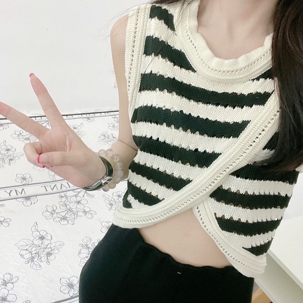 Áo dệt kim NZN không tay họa tiết kẻ sọc phong cách Hàn Quốc thời trang