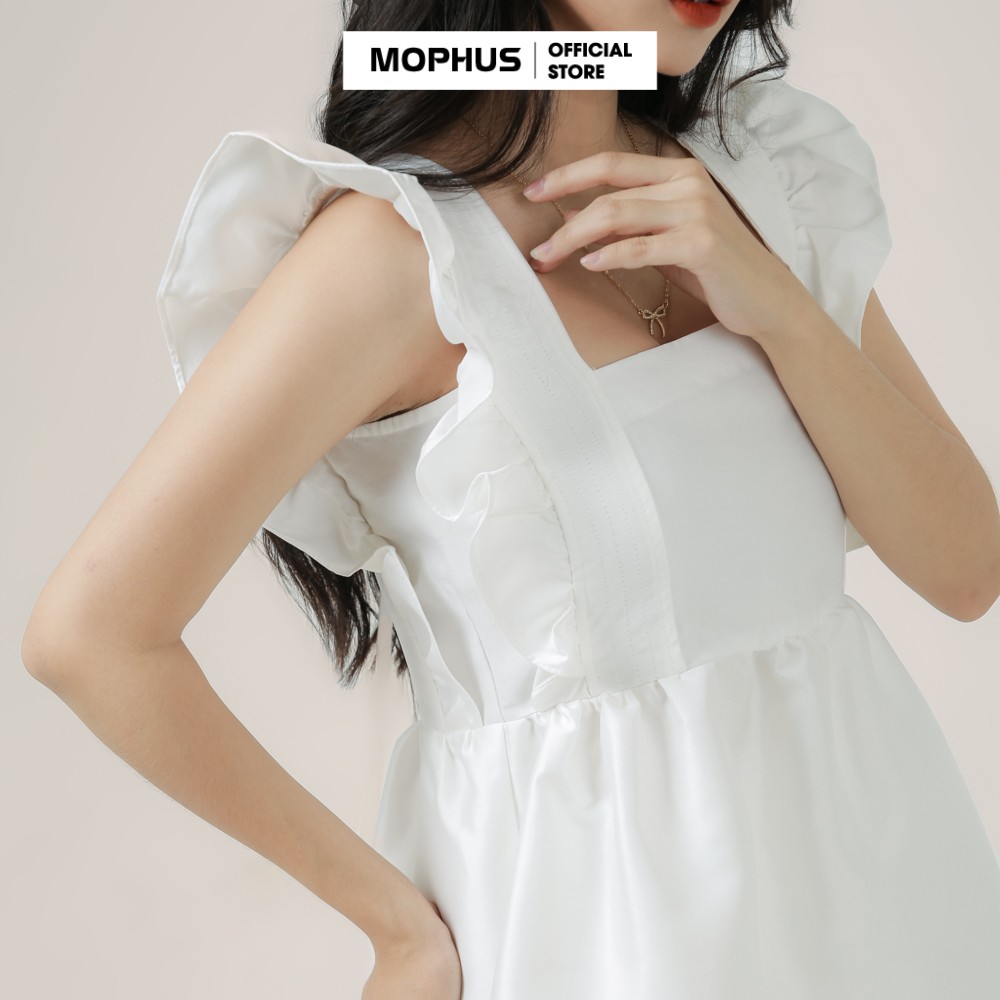 Áo babydoll cổ vuông vai bèo trắng thắt nơ lưng, áo kiểu nữ babydoll bánh bèo đen trắng Mophus MA013