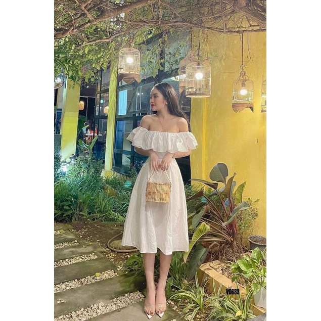 Đầm kiểu trễ vai bèo nhún sang chảnh Váy nữ nhiều màu tôn dáng thích hợp đi dự tiệc,đi chơi