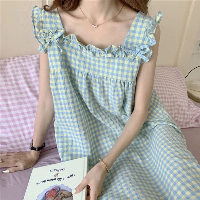 Đồ ngủ Không Tay Phối Ren Họa Tiết Caro Dễ Thương Dành Cho Nữ