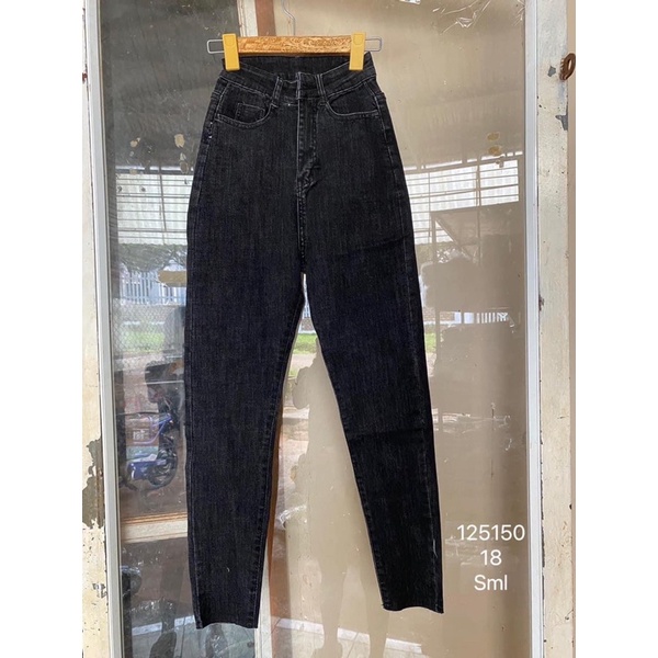 Jeans dài lưng cao co giãn xám đen tua lai | BigBuy360 - bigbuy360.vn