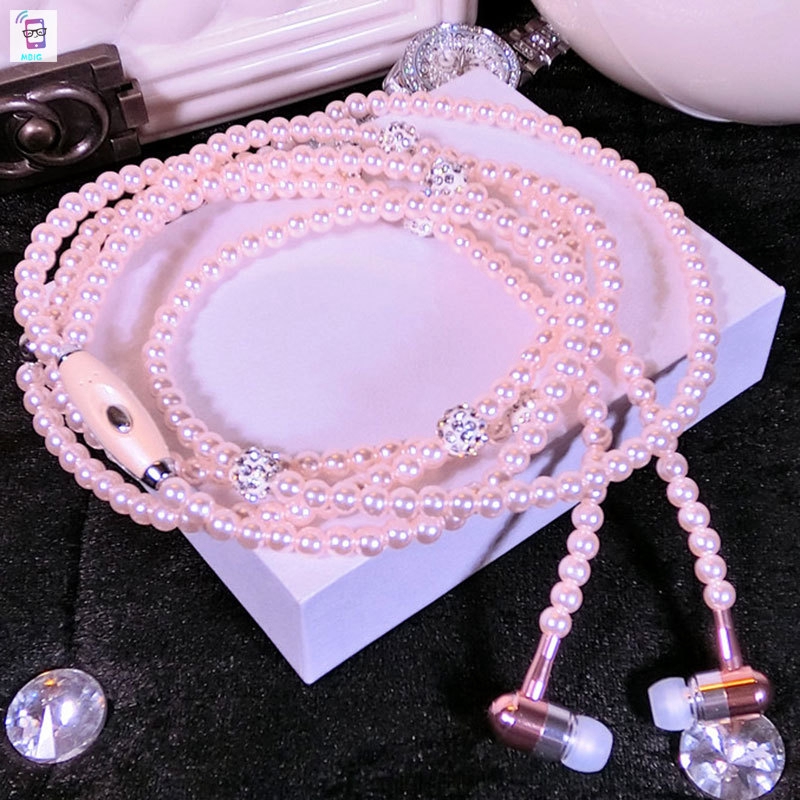 MG Rhinestone Jewelry Fake Pearl Necklace Earphones With Microphone Earbuds Gifts For iPhone Xiaomi Samsung @vn