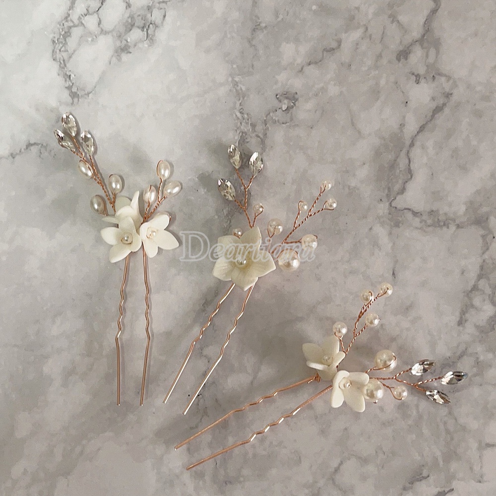 Set 3 Trâm Cài Tóc Chữ U Đính Hoa Trắng Thời Trang Cho Cô Dâu