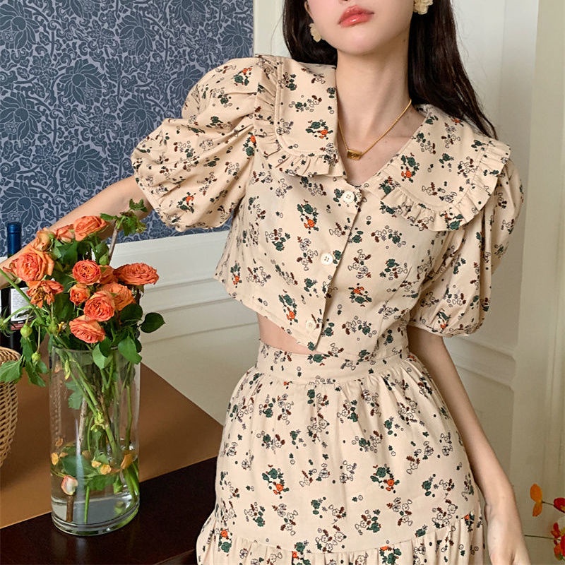 Set áo tay bong bóng kèm chân váy dáng chữ A thời trang phong cách Hàn Quốc xinh xắn