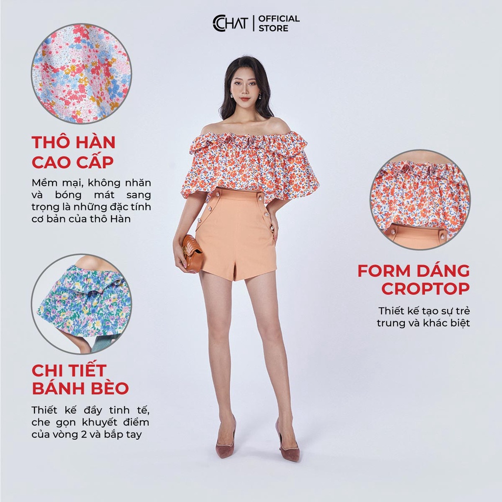 Áo Kiểu Nữ 𝐂𝐂𝐇𝐀𝐓 Trễ Vai Họa Tiết 2 Tầng Bèo Chất Thô Cao Cấp 92ANT5001AT