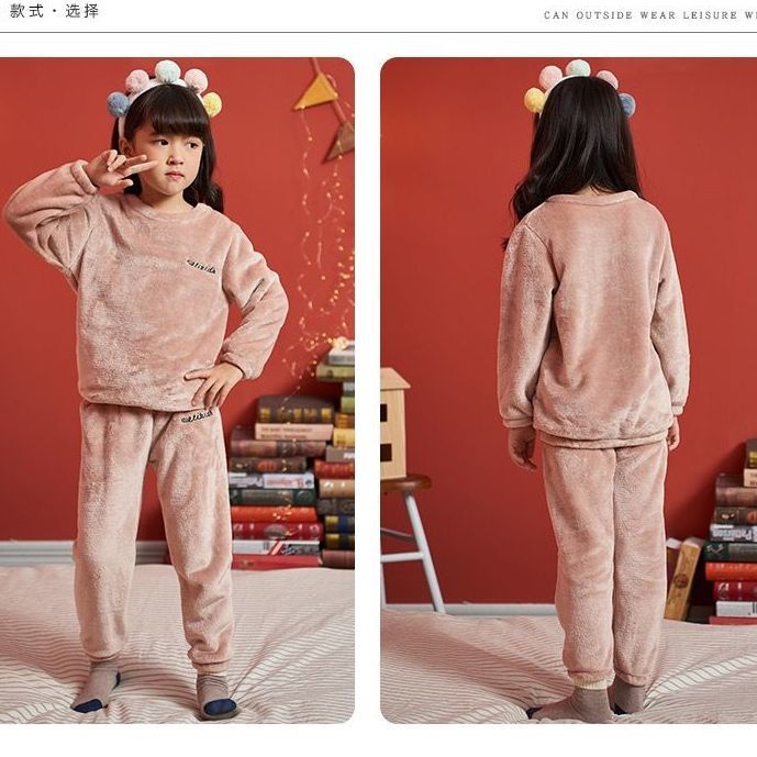Thời trang thu đông mới cho bà mẹ và trẻ em Bộ đồ ngủ lông cừu san hô dài tay Hàn Quốc, quần đơn, và bộ đồ