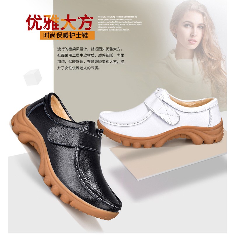 Giày Búp Bê Da Phối Cotton Nhung Đế Bằng Thời Trang Thu Đông Cho Nữ Trung Niên