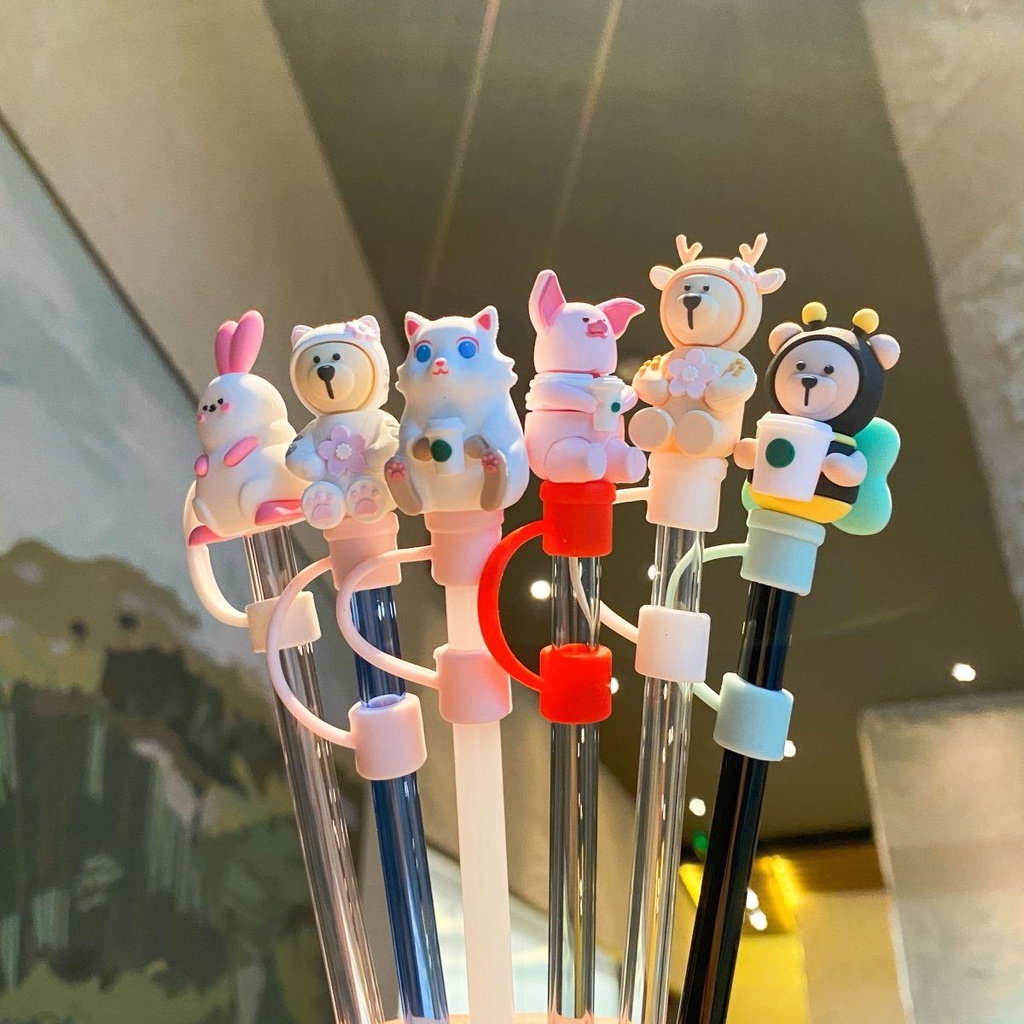 STARBUCKS Nút Bịt Ống Hút Chống Bụi Bằng Thủy Tinh Hình Gấu Hoạt Hình Sáng Tạo