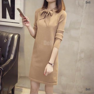 Đầm len gân cổ thắt nơ