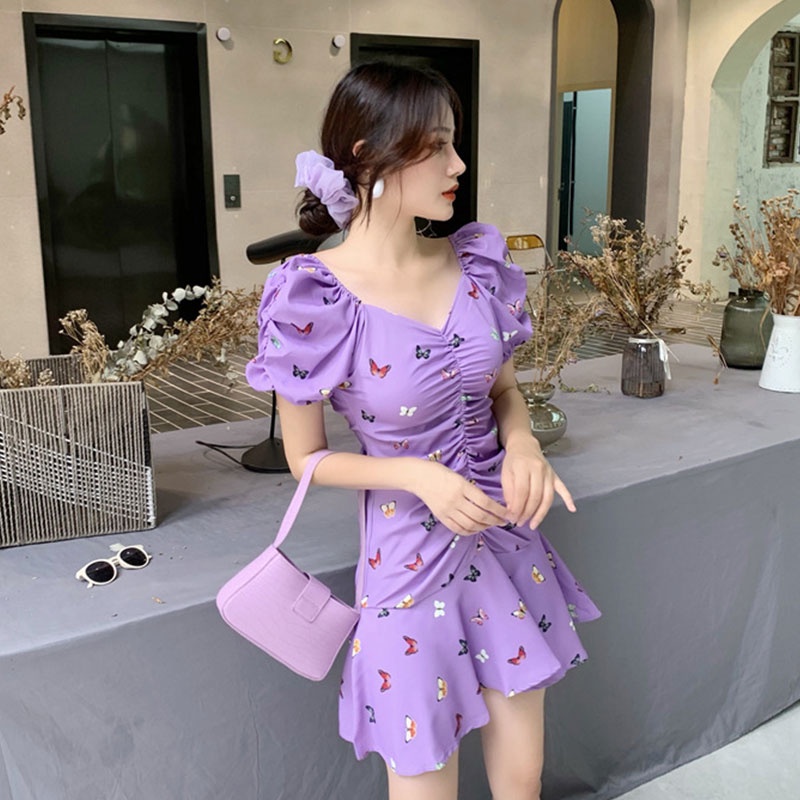 Đầm XINLANYASHE cổ chữ V tay phồng in hình bướm phong cách Hàn Quốc cho nữ váy thiết kế tay bồng