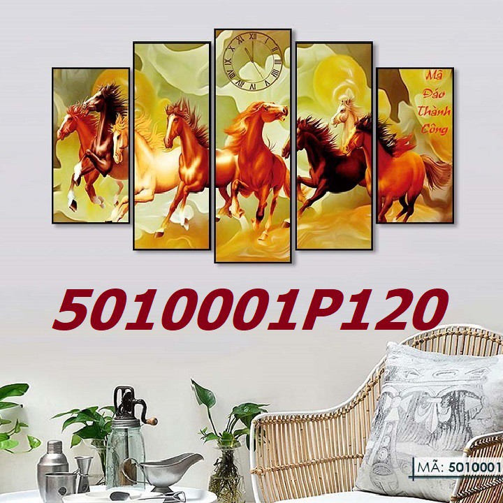 5 Tấm Tranh đồng hồ treo tường Mã đáo thành công trang trí phòng ngủ khách 5010001P120