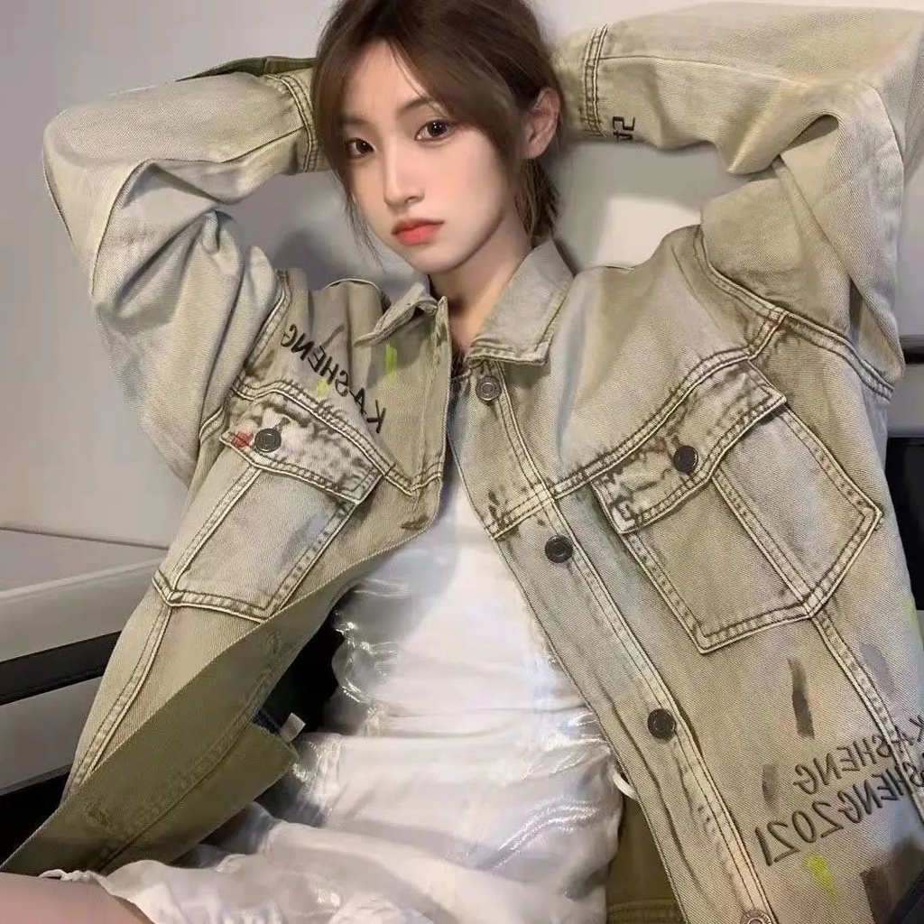 Jiashucheng Áo Khoác Denim Họa Tiết Thêu Phong Cách Retro Mỹ Cá Tính
