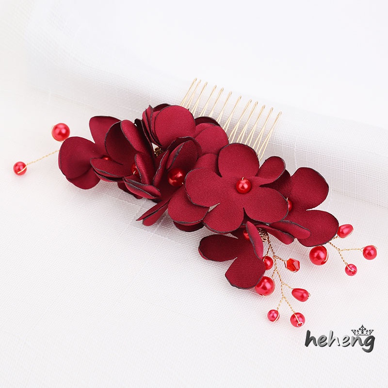 Lược Cài Tóc Cô Dâu Đính Hoa Đỏ Sang Trọng