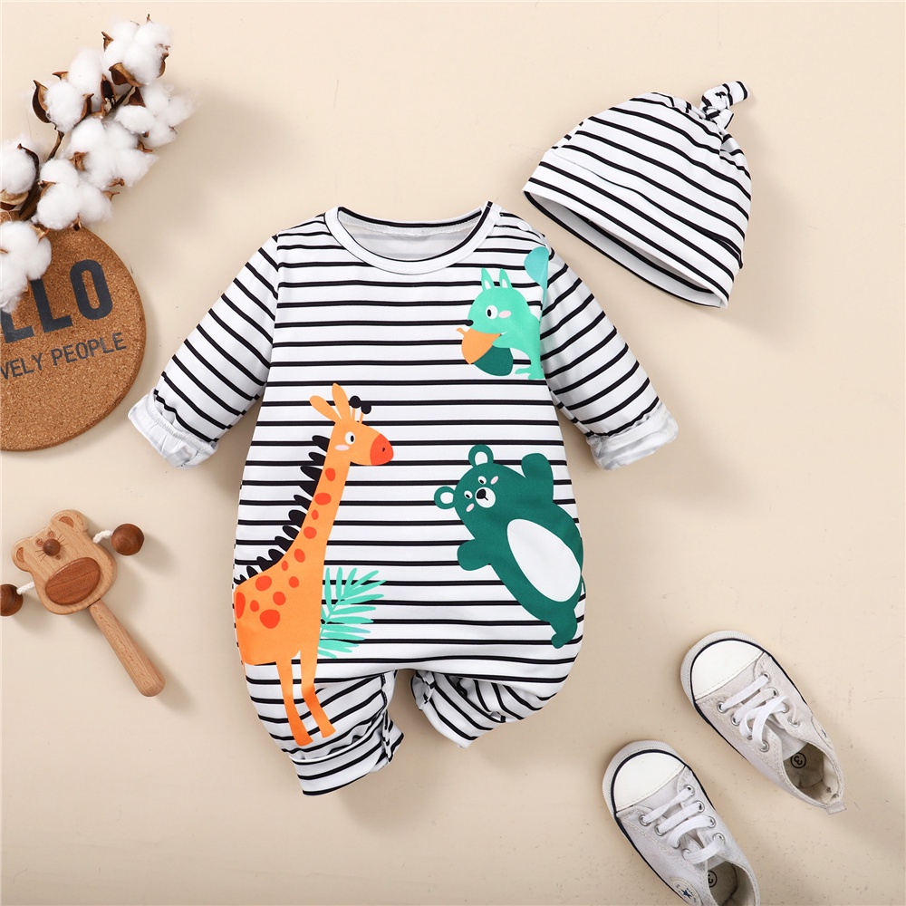 Bộ đồ MIKRDOO gồm áo liền quần dài tay kẻ sọc in họa tiết khủng long phối mũ cho bé trai